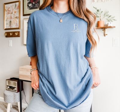 Comfort Colors Blue Jean tee with Soft Cream initial and bow