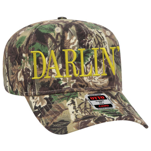 Custom embroidered camo hat with bold ‘Darlin’’ lettering in Old Gold thread, mid-profile Otto cap style on a neutral background