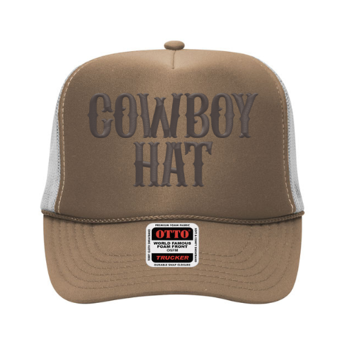 Brown trucker hat with 'Cowboy Hat' text and Otto label on a white background
