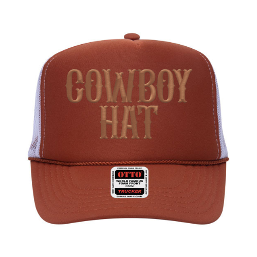 Texas Orange trucker hat with 'Cowboy Hat' text and Otto logo on a white background
