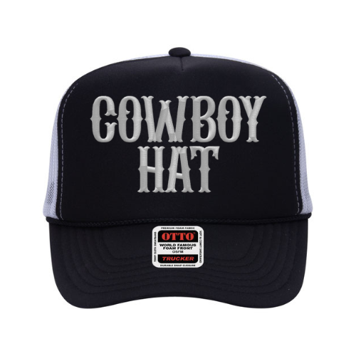 Black and white trucker hat with 'Cowboy Hat' text on a white background
