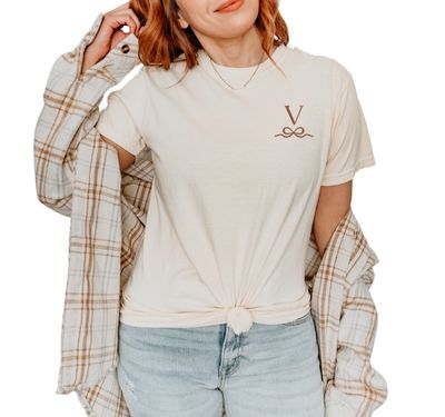 Comfort Colors Ivory tee with Terracotta initial and bow
