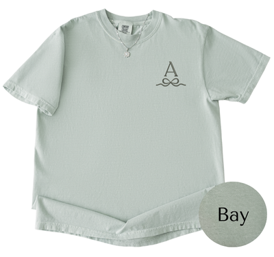 Comfort Colors Bay tee with Light Sage initial and bow