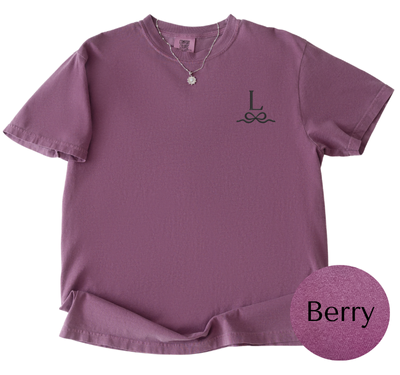 Comfort Colors Berry tee with Deep Plum initial and bow