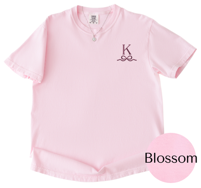 Comfort Colors Blossom tee with Rose Pink initial and bow