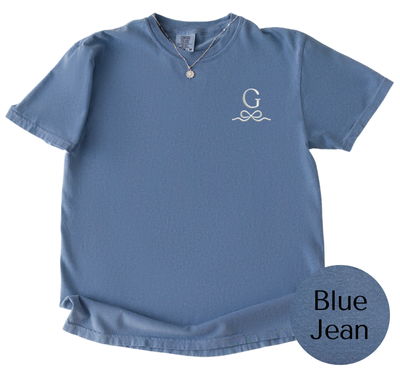 Comfort Colors Blue Jean tee with White initial and bow