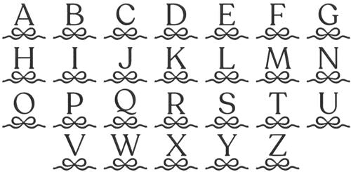 Preview of each embroidered initial, from A to Z, tied up with a bow.