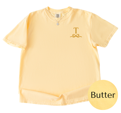 Comfort Colors Butter tee with Cornflower initial and bow
