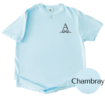 Comfort Colors Chambray tee with Black initial and bow