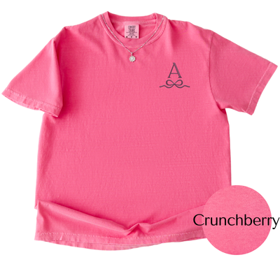 Comfort Colors Crunchberry tee with Lilac initial and bow