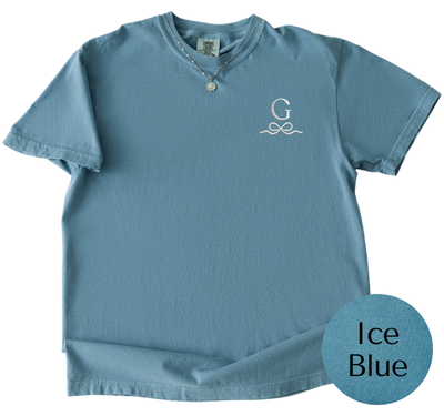 Comfort Colors Ice Blue tee with Stone Taupe initial and bow