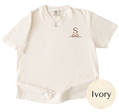 Comfort Colors Ivory tee with Terracotta initial and bow