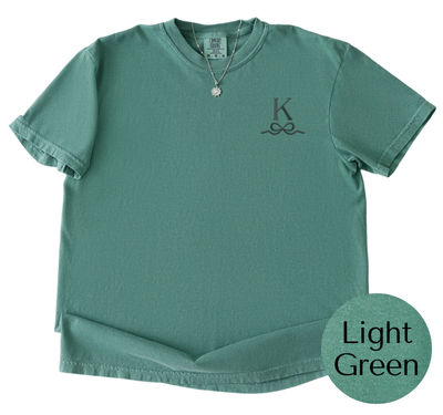 Comfort Colors Light Green tee with Forest Green initial and bow