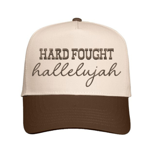 Custom embroidered ‘Hard Fought Hallelujah’ on a Natural & Brown structured snapback cap