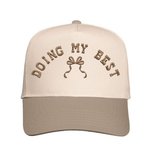 Cap embroidered with 'Doing My Best' text with bow design on a Natural & Khaki hat