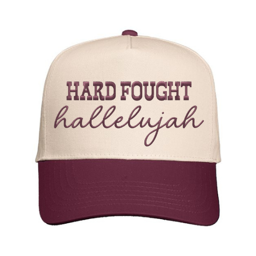 Custom embroidered ‘Hard Fought Hallelujah’ on a Natural & Maroon structured snapback cap