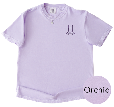 Comfort Colors Orchid tee with Lavender initial and bow