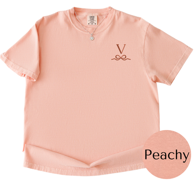 Comfort Colors Peachy tee with Rust initial and bow
