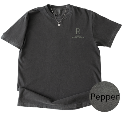 Comfort Colors Pepper tee with Charcoal initial and bow