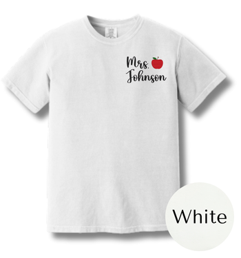 White t-shirt with 'Mrs. Johnson' and an apple design on a white background