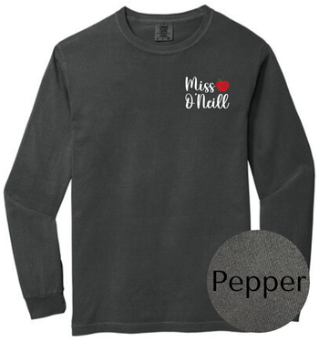 Dark gray long-sleeve shirt with 'Miss O'Nell' text and an apple design on a white background.