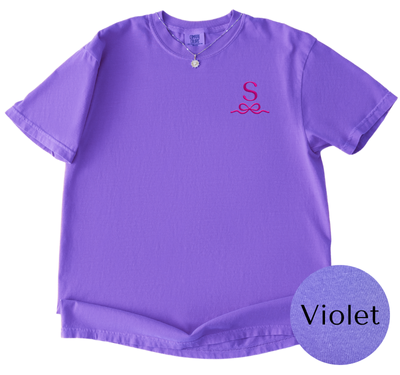 Comfort Colors Violet tee with Hot Pink initial and bow