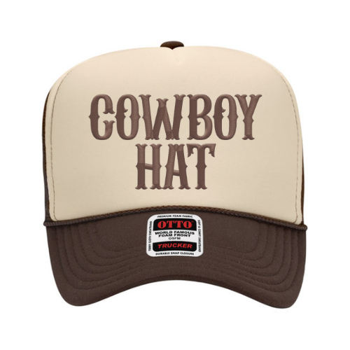 Beige and brown trucker hat with 'Cowboy Hat' text on a white background