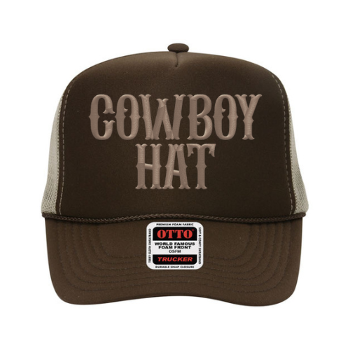 Brown trucker hat with 'Cowboy Hat' text and Otto label on a white background