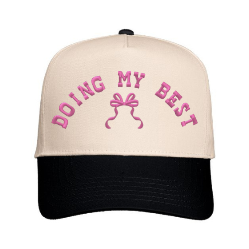 Cap embroidered with 'Doing My Best' text with bow design on a Natural & Black hat