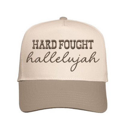 Custom embroidered ‘Hard Fought Hallelujah’ on a Natural & Khaki structured snapback cap