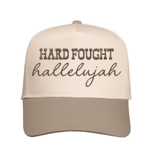 Custom embroidered ‘Hard Fought Hallelujah’ on a Natural & Khaki structured snapback cap